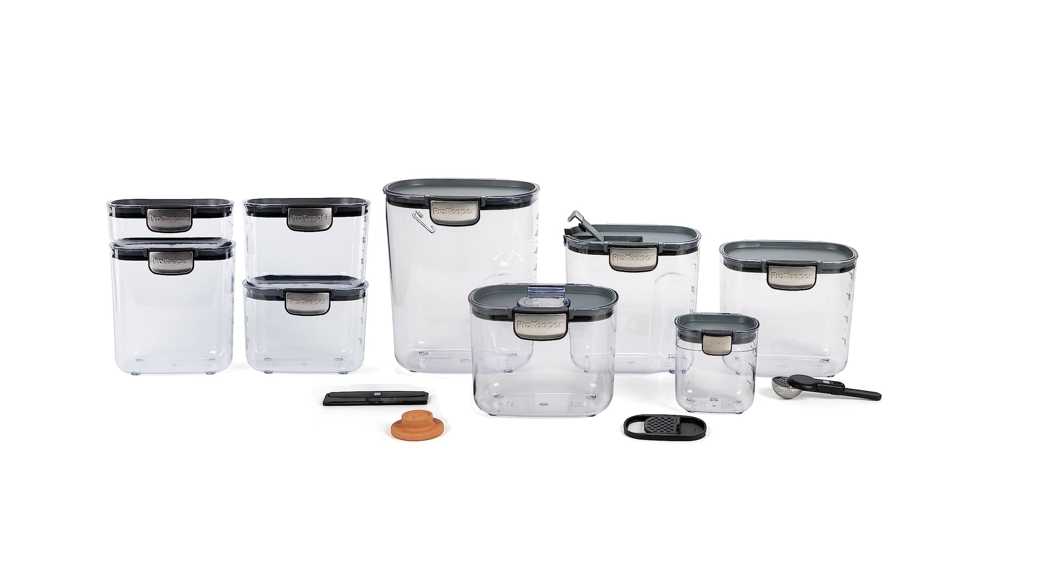ProKeeper+ 9-Piece Airtight Food Storage Container Set – Clear Plastic Flour and Sugar Canister Set with Magnetic Accessories for Kitchen Organization (Grey, 9-Piece)