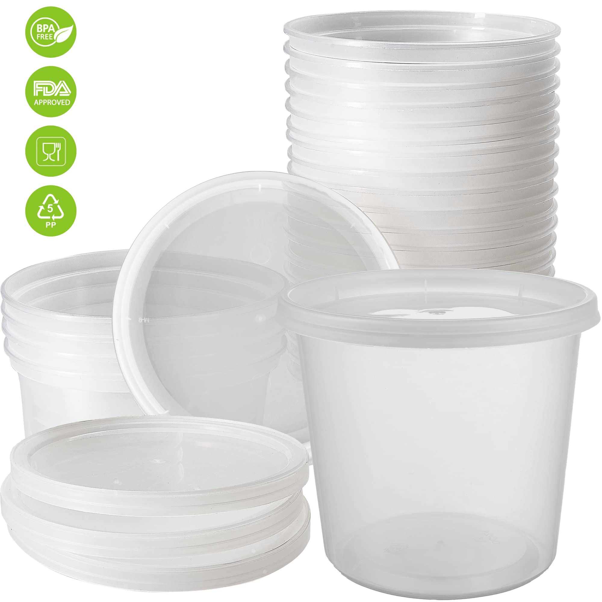 DuraHome - Deli food Storage Containers with Lids 32 oz, Quart Pack of 24 Leak-proof Freezer Safe Microwaveable Soup Storage Container - Clear Plastic Premium Quality