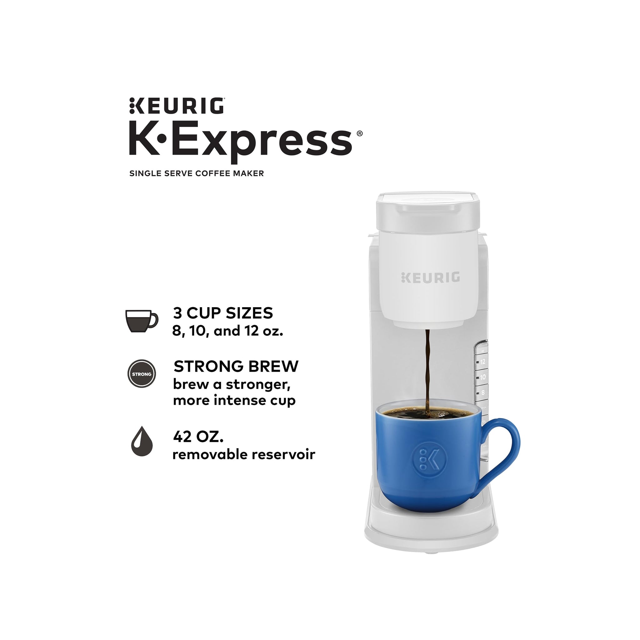 Keurig K-Express Single Serve K-Cup Pod Coffee Maker, 3 Brew Sizes, Strong Button Feature, 42oz Removable Reservoir, Black