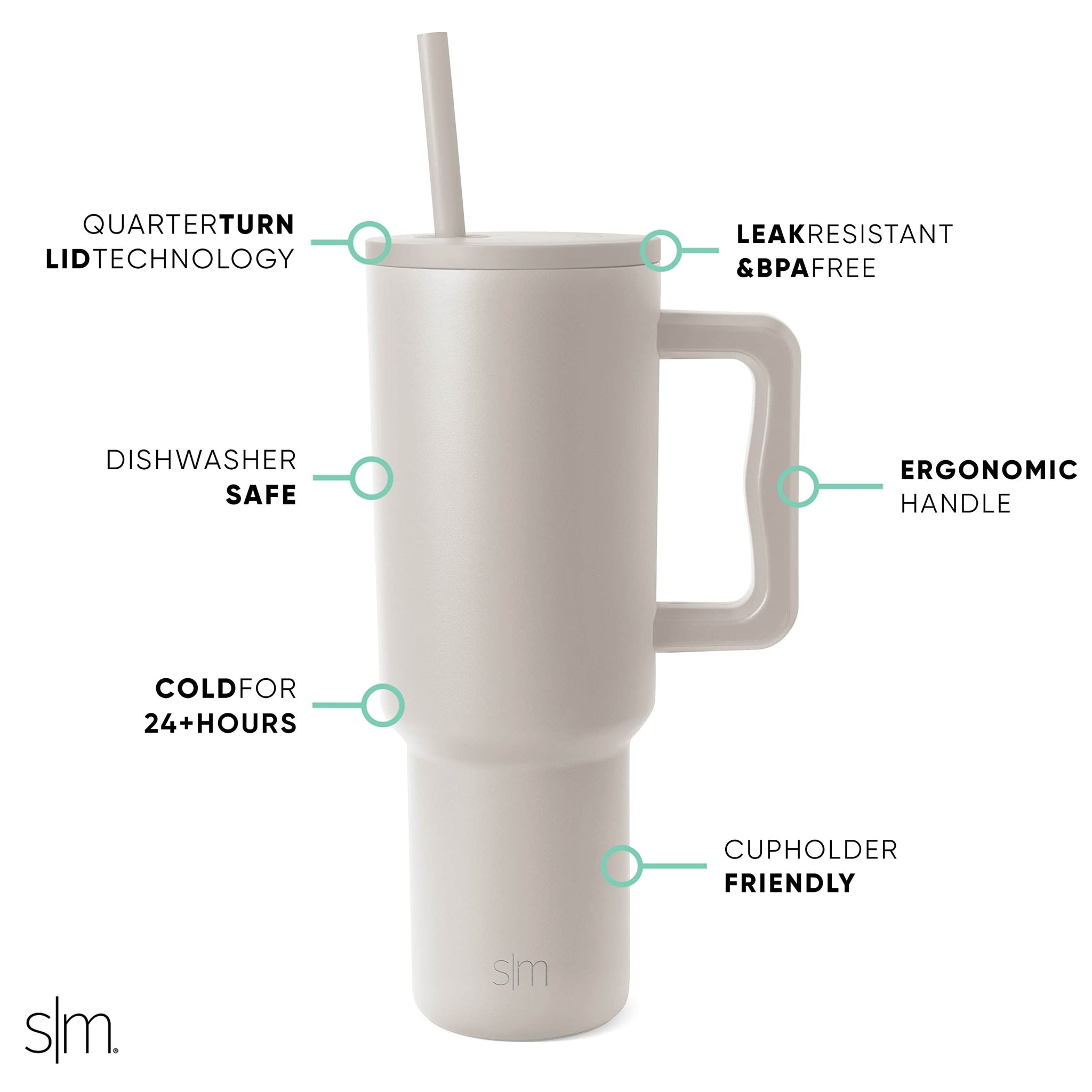 Simple Modern 40 oz Trek Tumbler with Handle and Straw Lid | Cup Holder Friendly Insulated Stainless Steel Travel Mug | Almond Birch