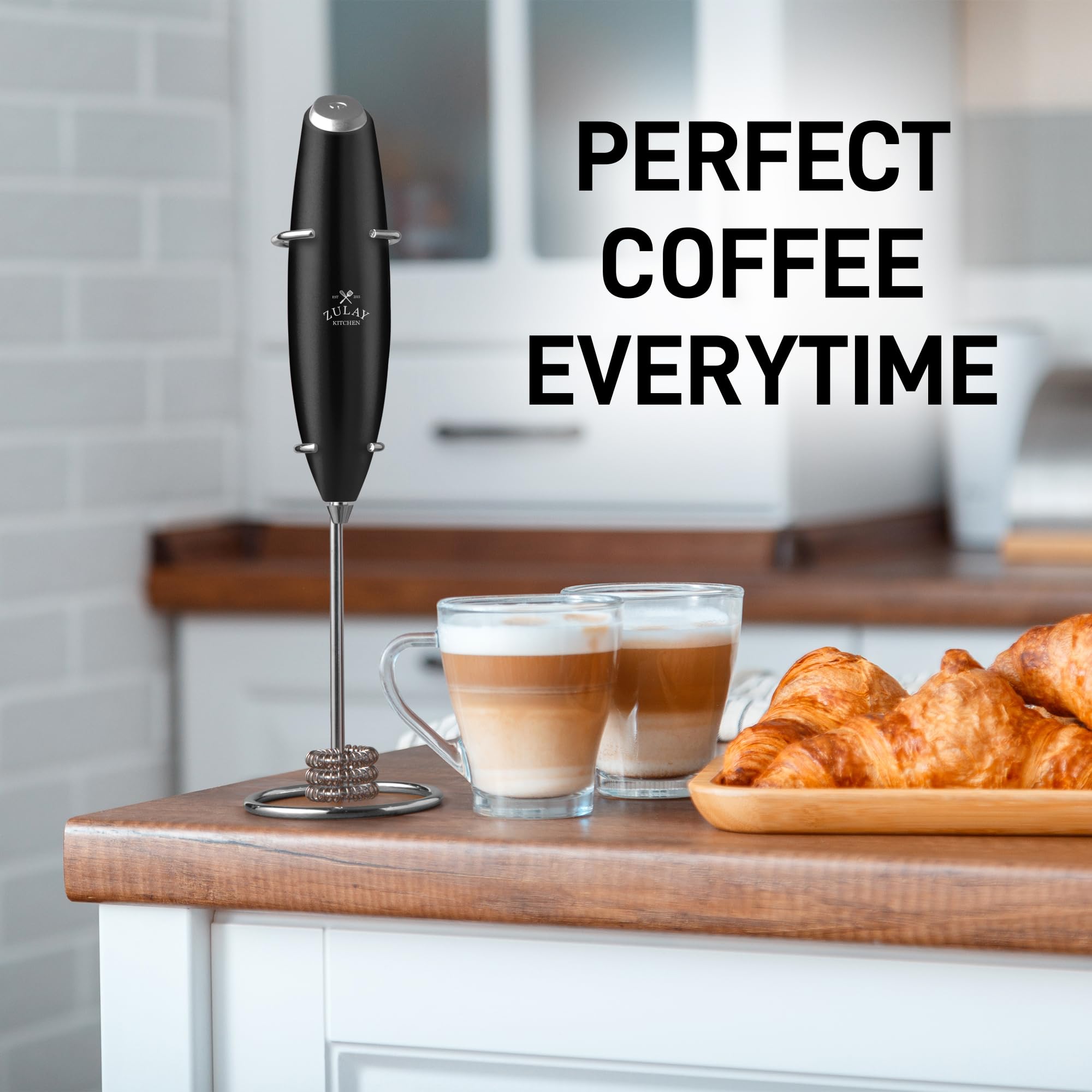 Zulay Kitchen Powerful Milk Frother Wand With 2 Duracell Batteries - Ultra Fast Handheld Drink Mixer - Electric Whisk Foam Maker for Coffee, Lattes, Cappuccino, Matcha, Hot Chocolate & Creamer - Black