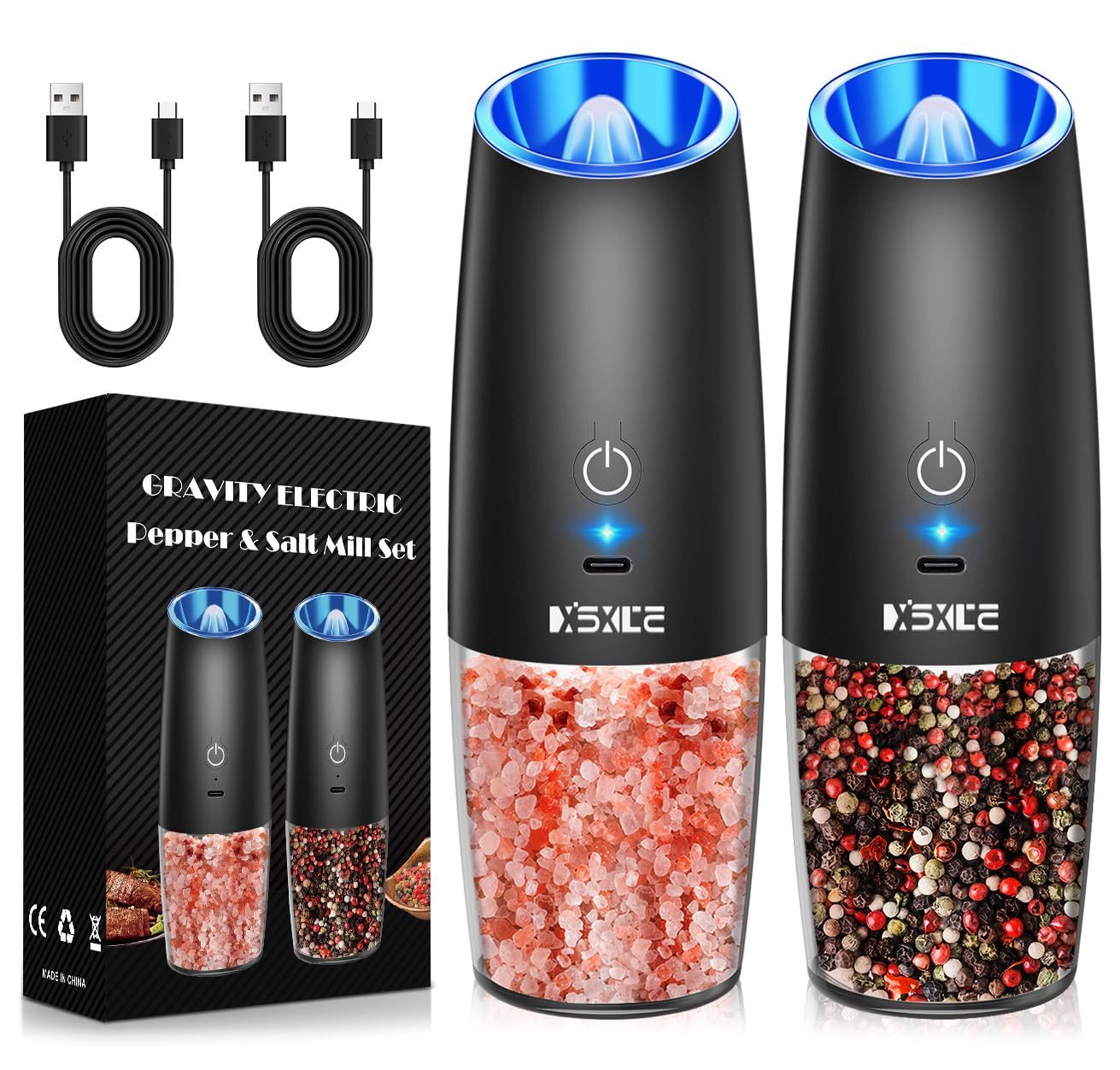 Sweet Alice Gravity Electric Pepper and Salt Grinder Set, Adjustable Coarseness, Battery Powered with LED Light, One Hand Automatic Operation, Stainless Steel Black, 2 Pack