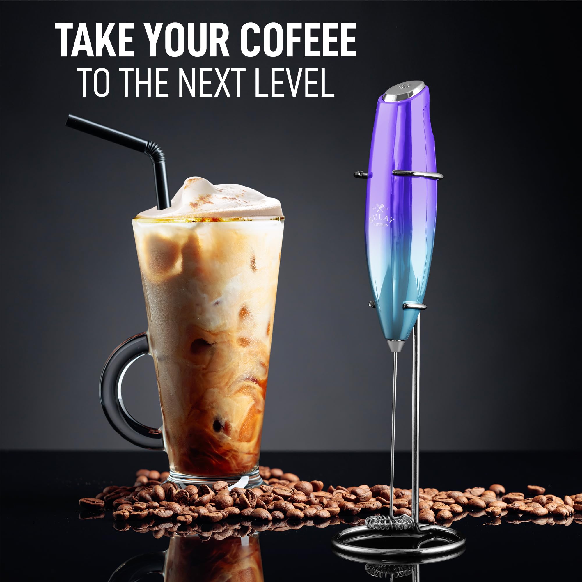 Zulay Kitchen Powerful Milk Frother Wand With 2 Duracell Batteries - Ultra Fast Handheld Drink Mixer - Electric Whisk Foam Maker for Coffee, Lattes, Cappuccino, Matcha, Hot Chocolate & Creamer - Black
