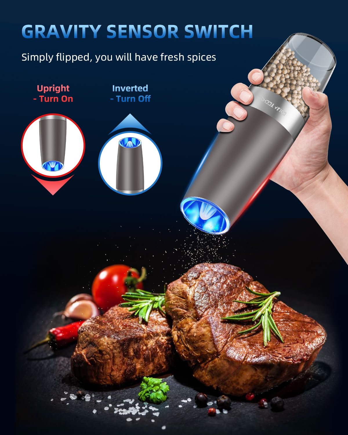 Sweet Alice Gravity Electric Pepper and Salt Grinder Set, Adjustable Coarseness, Battery Powered with LED Light, One Hand Automatic Operation, Stainless Steel Black, 2 Pack