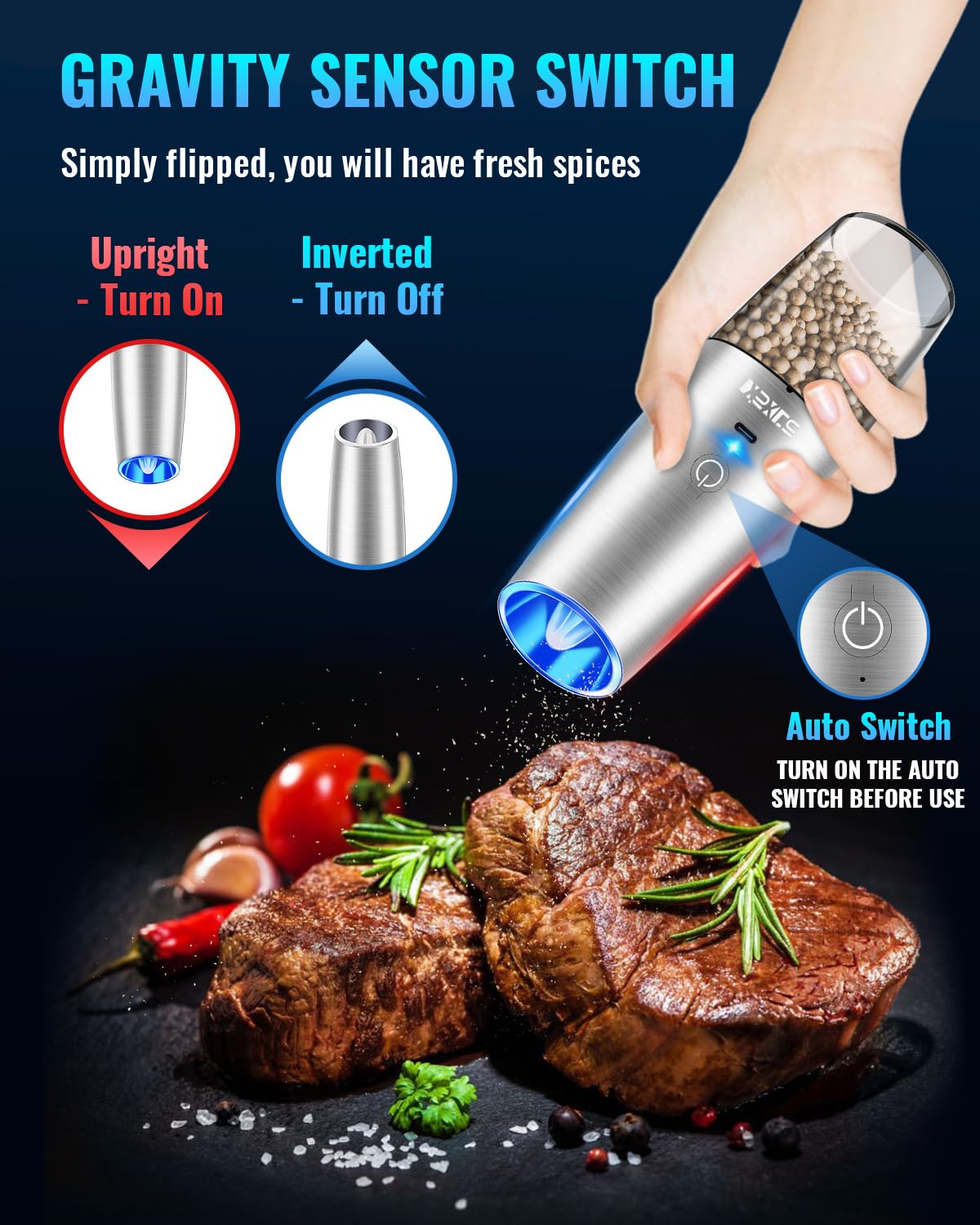 Sweet Alice Gravity Electric Pepper and Salt Grinder Set, Adjustable Coarseness, Battery Powered with LED Light, One Hand Automatic Operation, Stainless Steel Black, 2 Pack