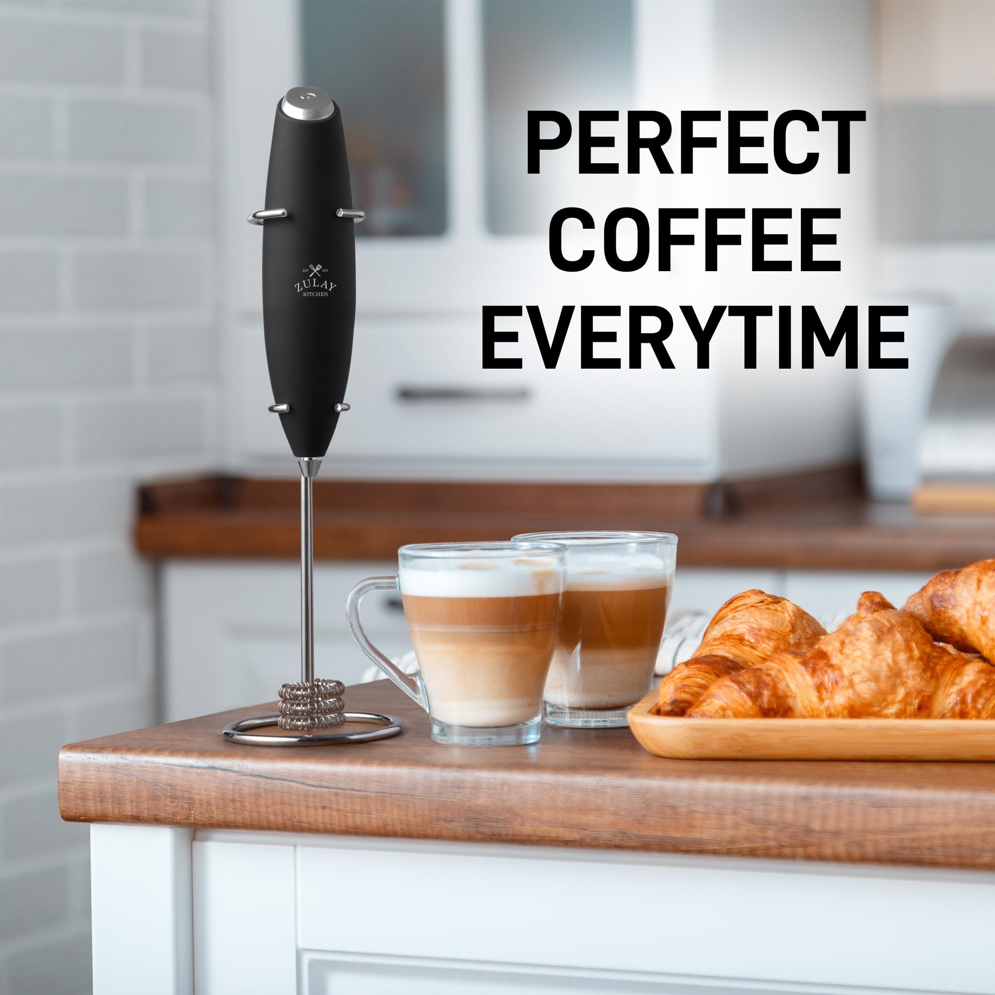 Zulay Kitchen Powerful Milk Frother Wand With 2 Duracell Batteries - Ultra Fast Handheld Drink Mixer - Electric Whisk Foam Maker for Coffee, Lattes, Cappuccino, Matcha, Hot Chocolate & Creamer - Black