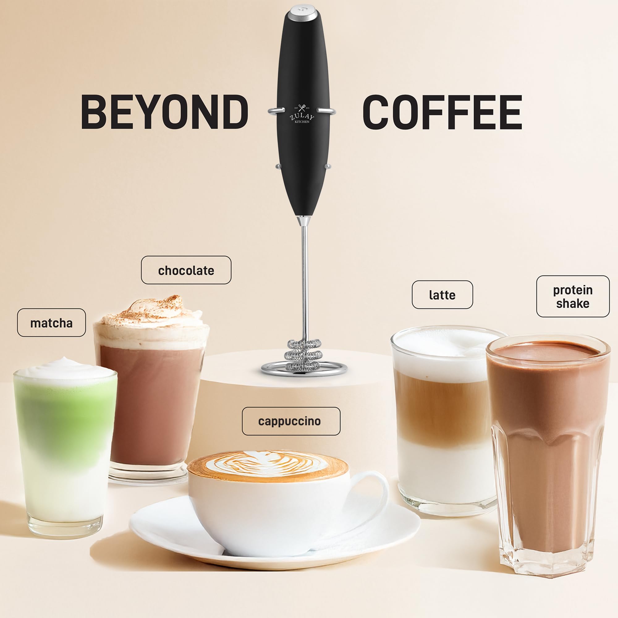 Zulay Kitchen Powerful Milk Frother Wand With 2 Duracell Batteries - Ultra Fast Handheld Drink Mixer - Electric Whisk Foam Maker for Coffee, Lattes, Cappuccino, Matcha, Hot Chocolate & Creamer - Black