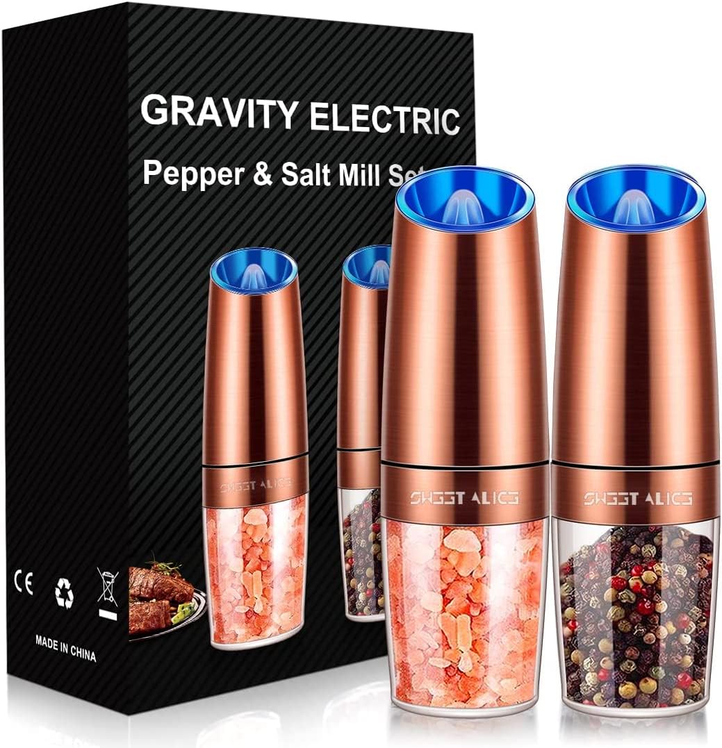 Sweet Alice Gravity Electric Pepper and Salt Grinder Set, Adjustable Coarseness, Battery Powered with LED Light, One Hand Automatic Operation, Stainless Steel Black, 2 Pack