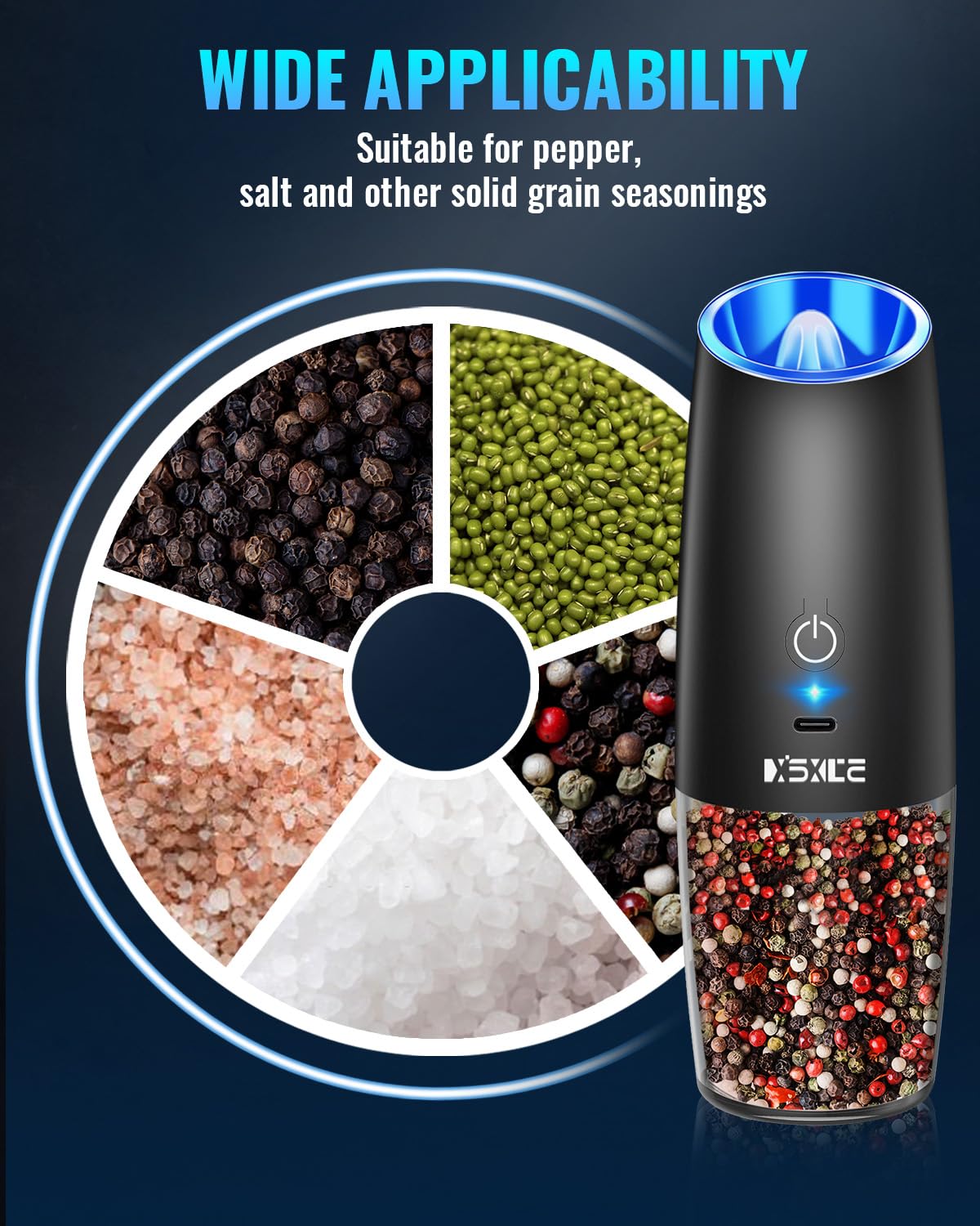 Sweet Alice Gravity Electric Pepper and Salt Grinder Set, Adjustable Coarseness, Battery Powered with LED Light, One Hand Automatic Operation, Stainless Steel Black, 2 Pack