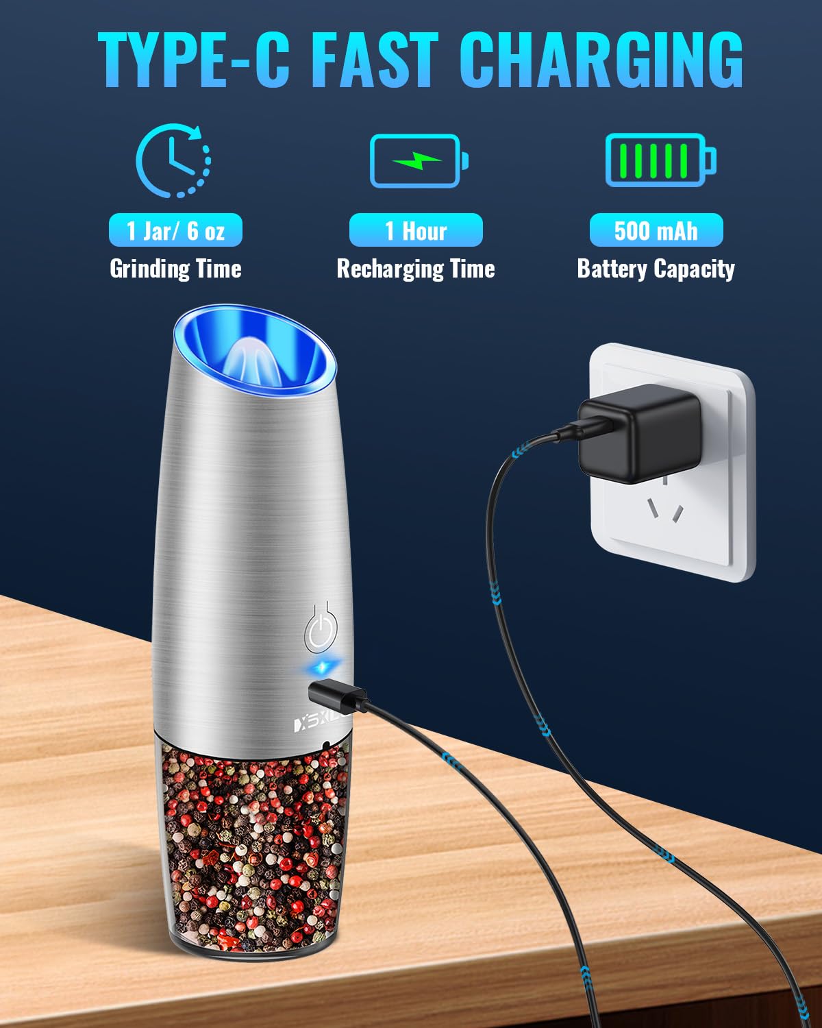 Sweet Alice Gravity Electric Pepper and Salt Grinder Set, Adjustable Coarseness, Battery Powered with LED Light, One Hand Automatic Operation, Stainless Steel Black, 2 Pack