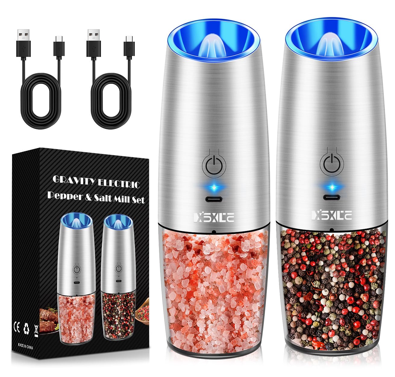 Sweet Alice Gravity Electric Pepper and Salt Grinder Set, Adjustable Coarseness, Battery Powered with LED Light, One Hand Automatic Operation, Stainless Steel Black, 2 Pack