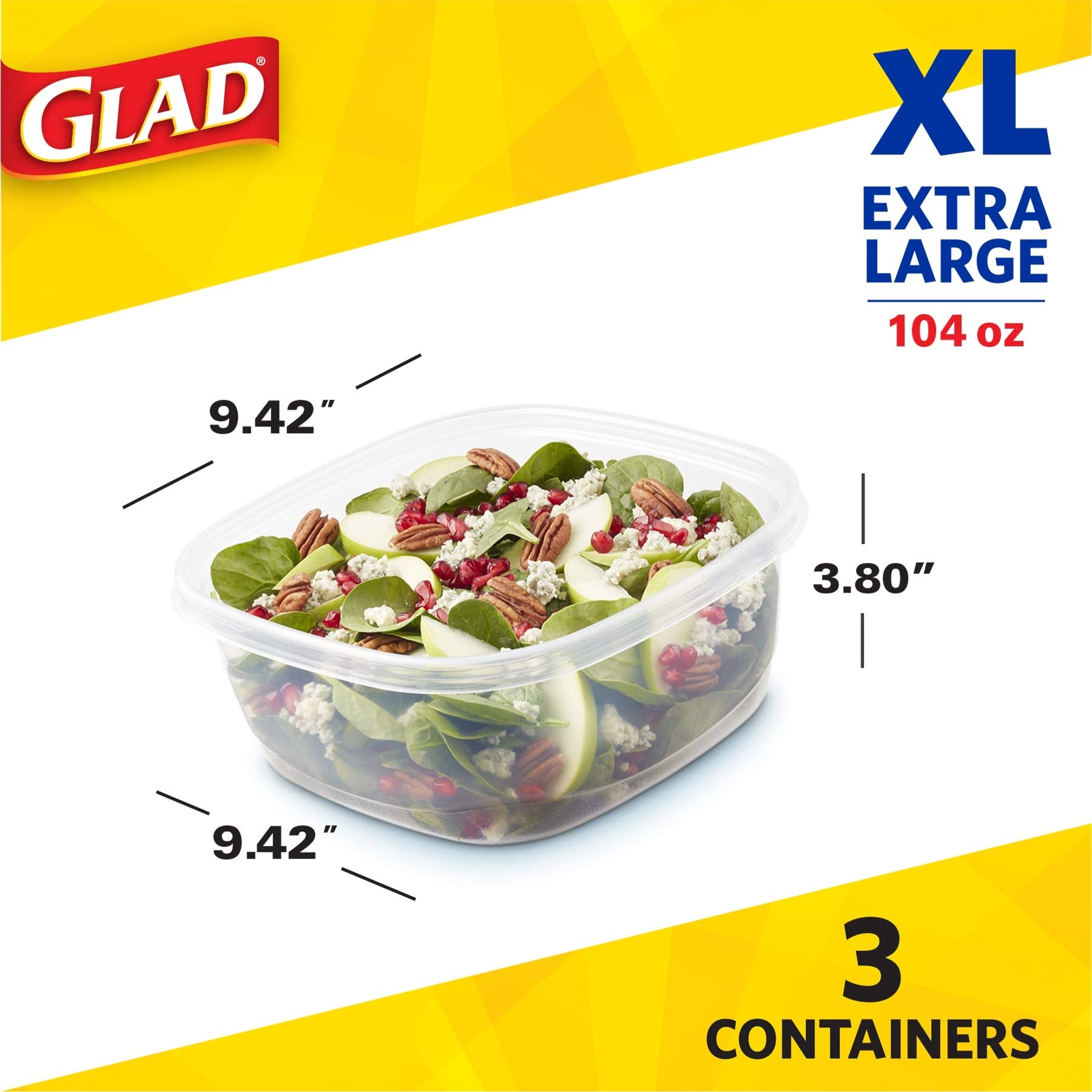 Glad Food Storage Containers, Deep Dish, 64 Ounce, 3 Count