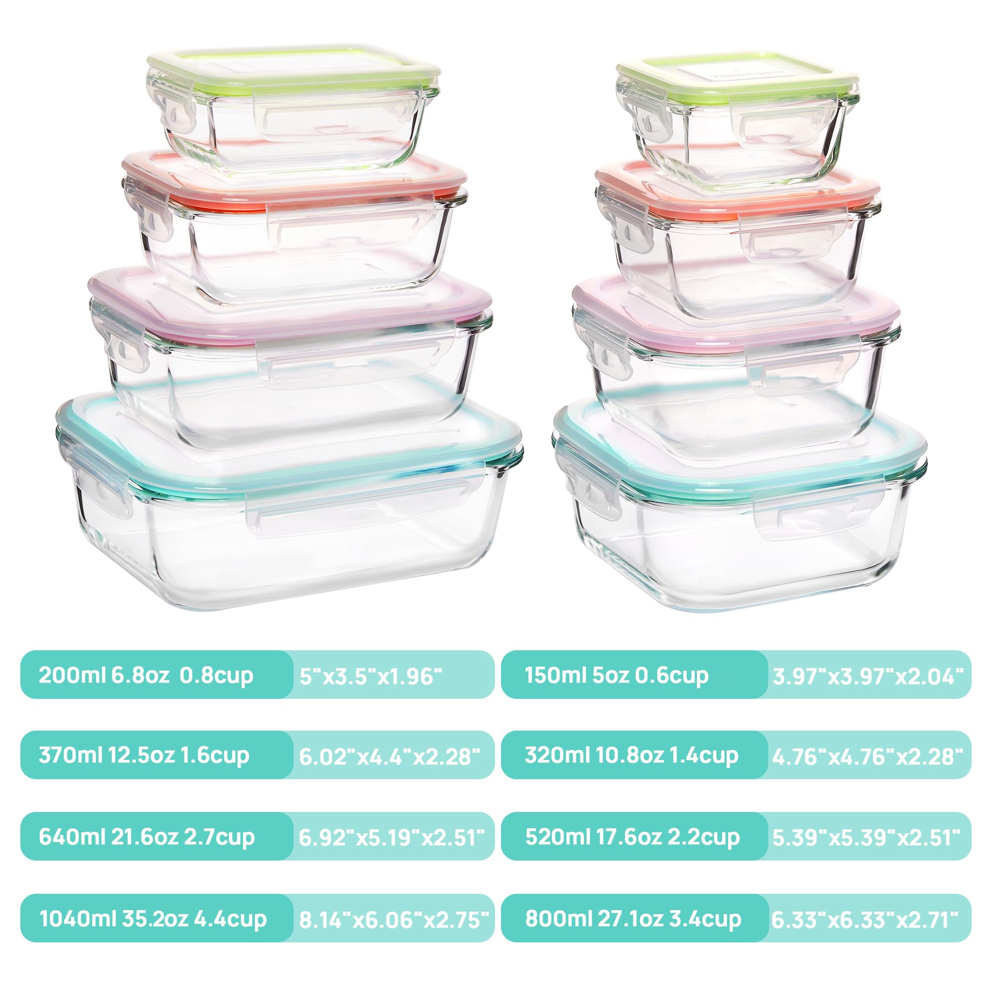 Vtopmart 8 Pack Glass Food Storage Containers with Airtight Lids, Glass Meal Prep Containers, Lunch Office Meal for Microwave, Oven, Freezer and Dishwasher, BPA Free