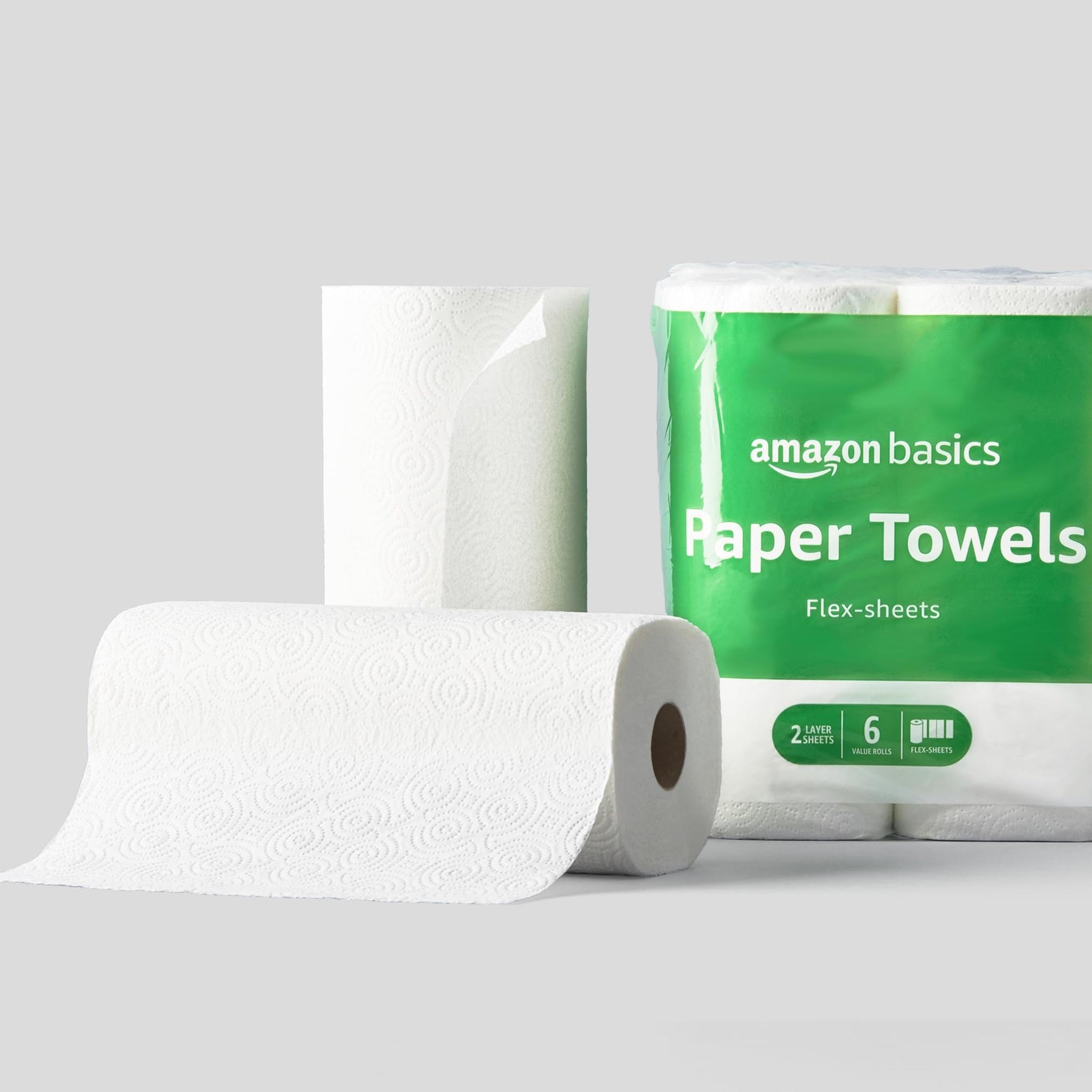 Amazon Basics 2-Ply Flex-Sheets Paper Towels, 12 Basics Rolls = 32 Regular Rolls, Everyday Value with 150 Sheets per Roll