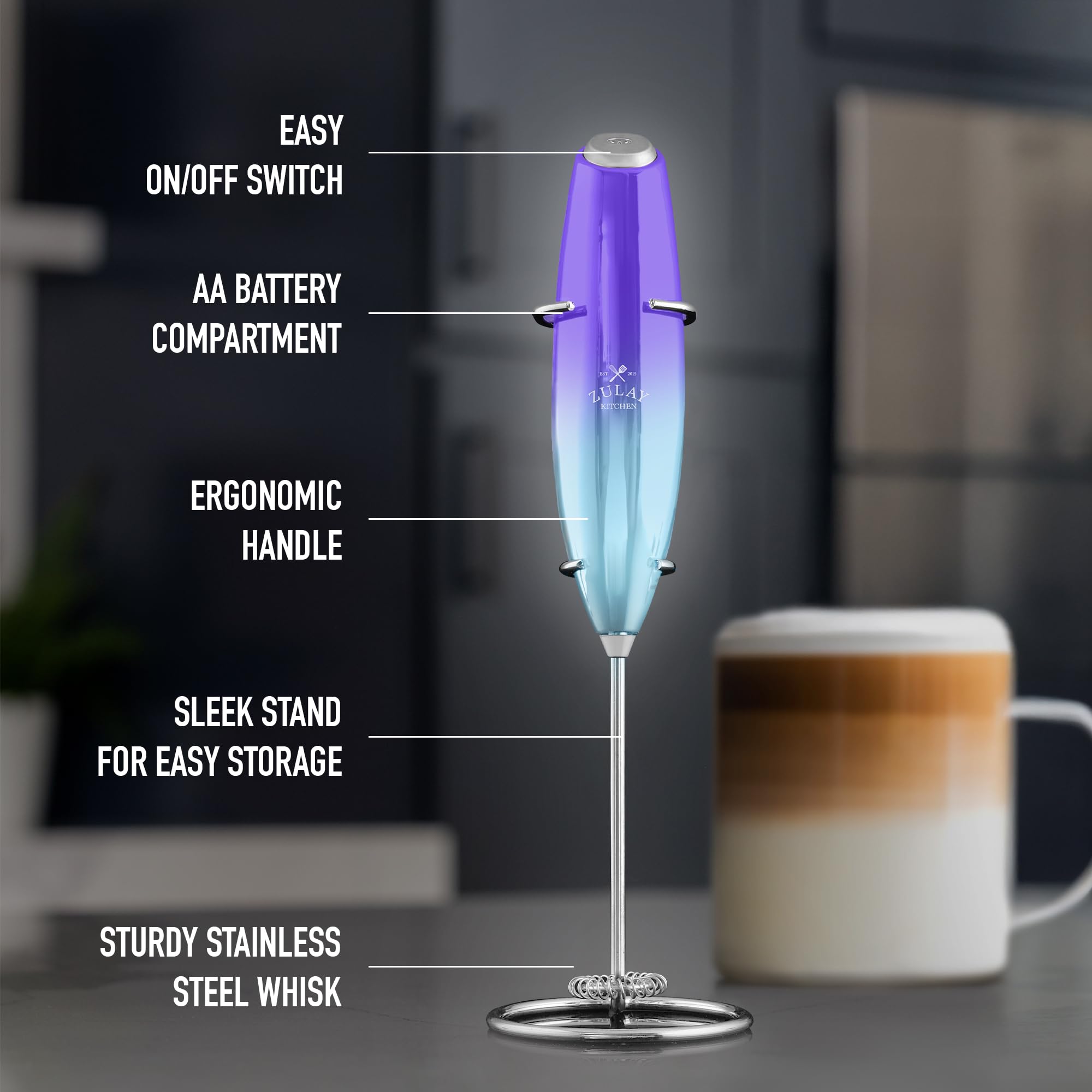 Zulay Kitchen Powerful Milk Frother Wand With 2 Duracell Batteries - Ultra Fast Handheld Drink Mixer - Electric Whisk Foam Maker for Coffee, Lattes, Cappuccino, Matcha, Hot Chocolate & Creamer - Black