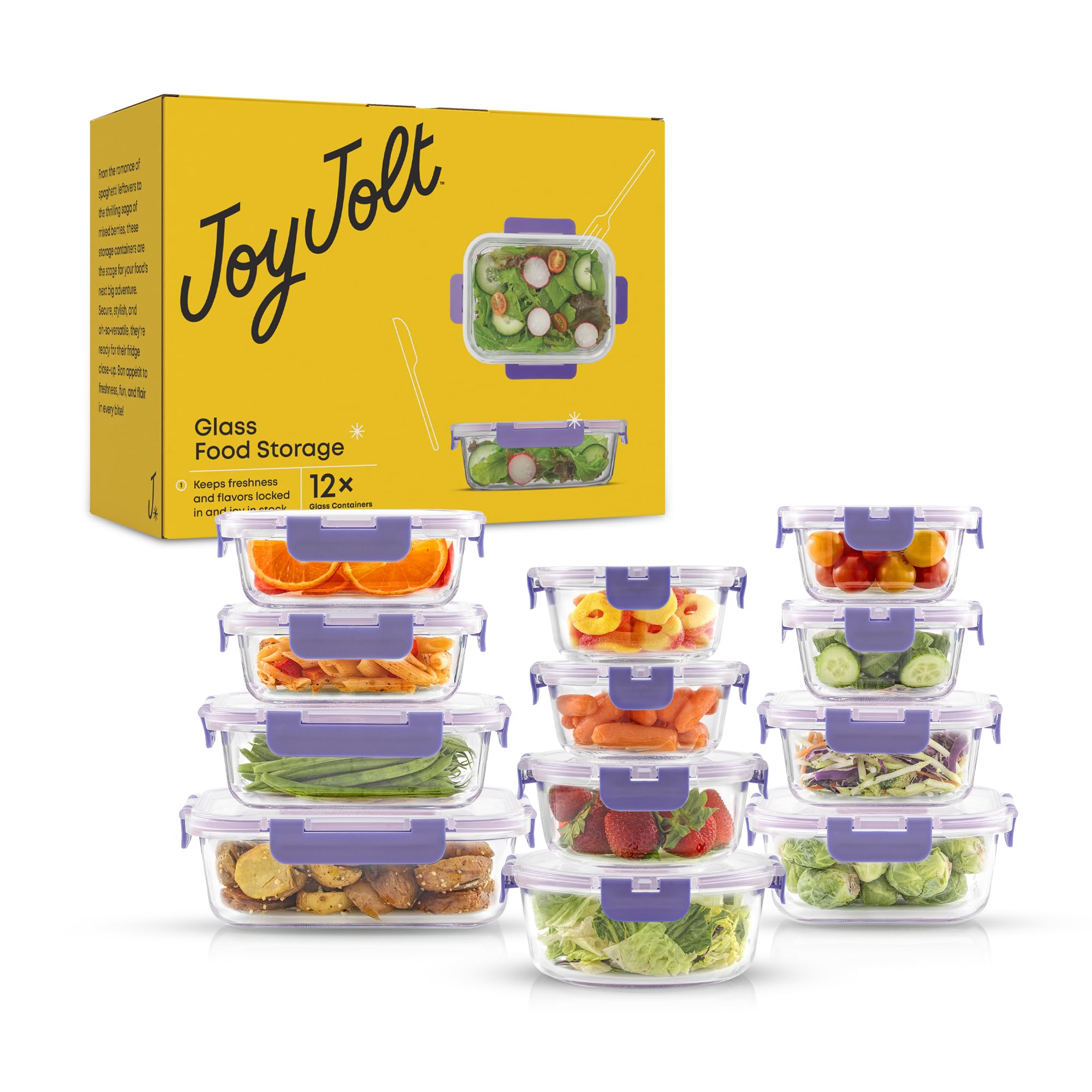 JoyJolt 24pc Borosilicate Glass Storage Containers with Lids | 12 Airtight/Freezer Safe Food Storage Containers for Pantry and Kitchen | Meal Prep Container for Lunch | Glass Tupperware Set