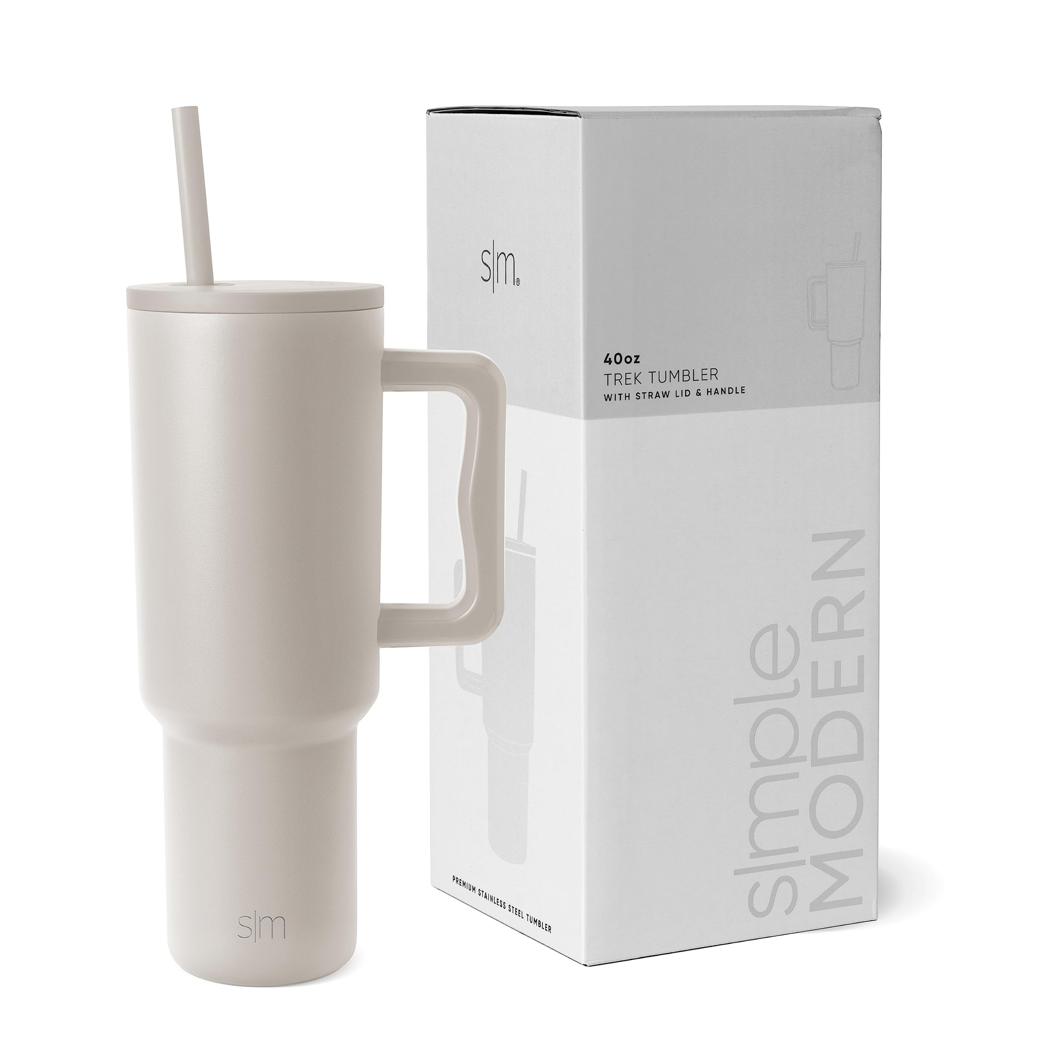 Simple Modern 40 oz Trek Tumbler with Handle and Straw Lid | Cup Holder Friendly Insulated Stainless Steel Travel Mug | Almond Birch