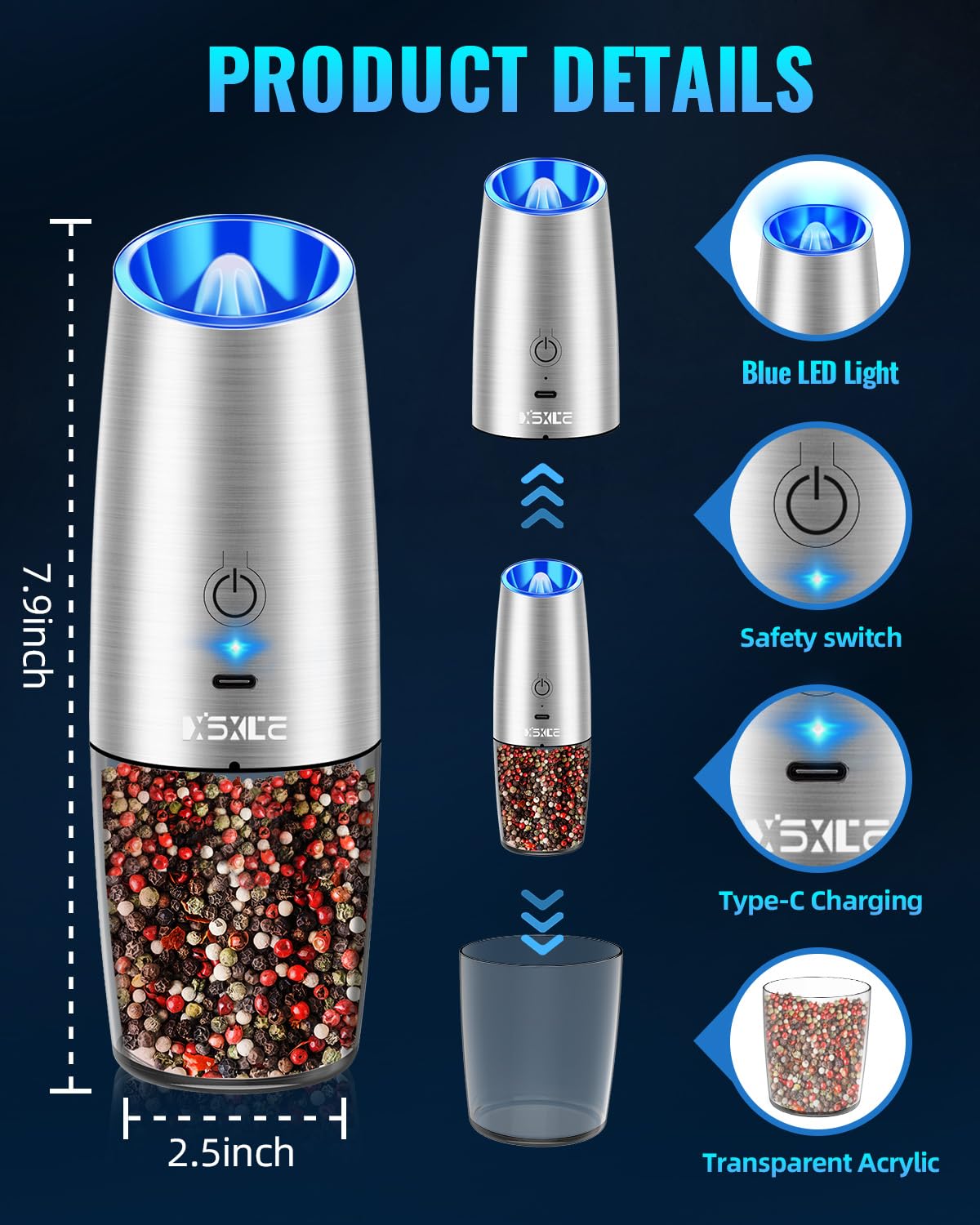 Sweet Alice Gravity Electric Pepper and Salt Grinder Set, Adjustable Coarseness, Battery Powered with LED Light, One Hand Automatic Operation, Stainless Steel Black, 2 Pack