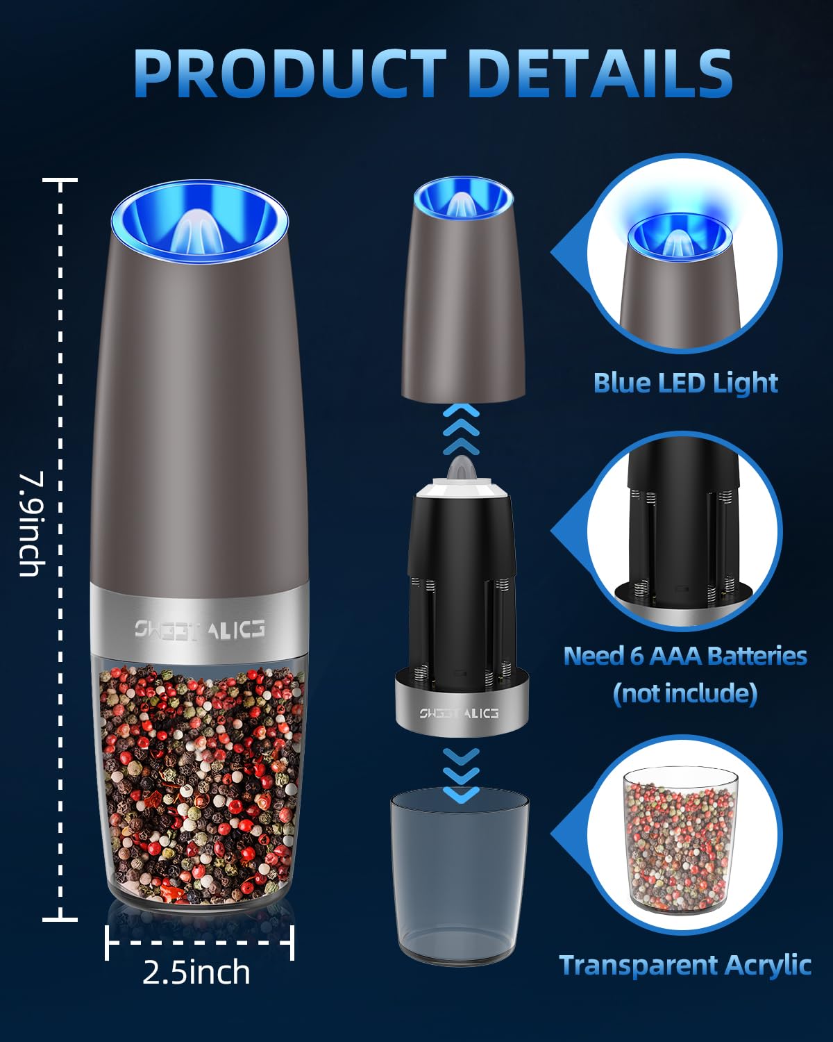 Sweet Alice Gravity Electric Pepper and Salt Grinder Set, Adjustable Coarseness, Battery Powered with LED Light, One Hand Automatic Operation, Stainless Steel Black, 2 Pack