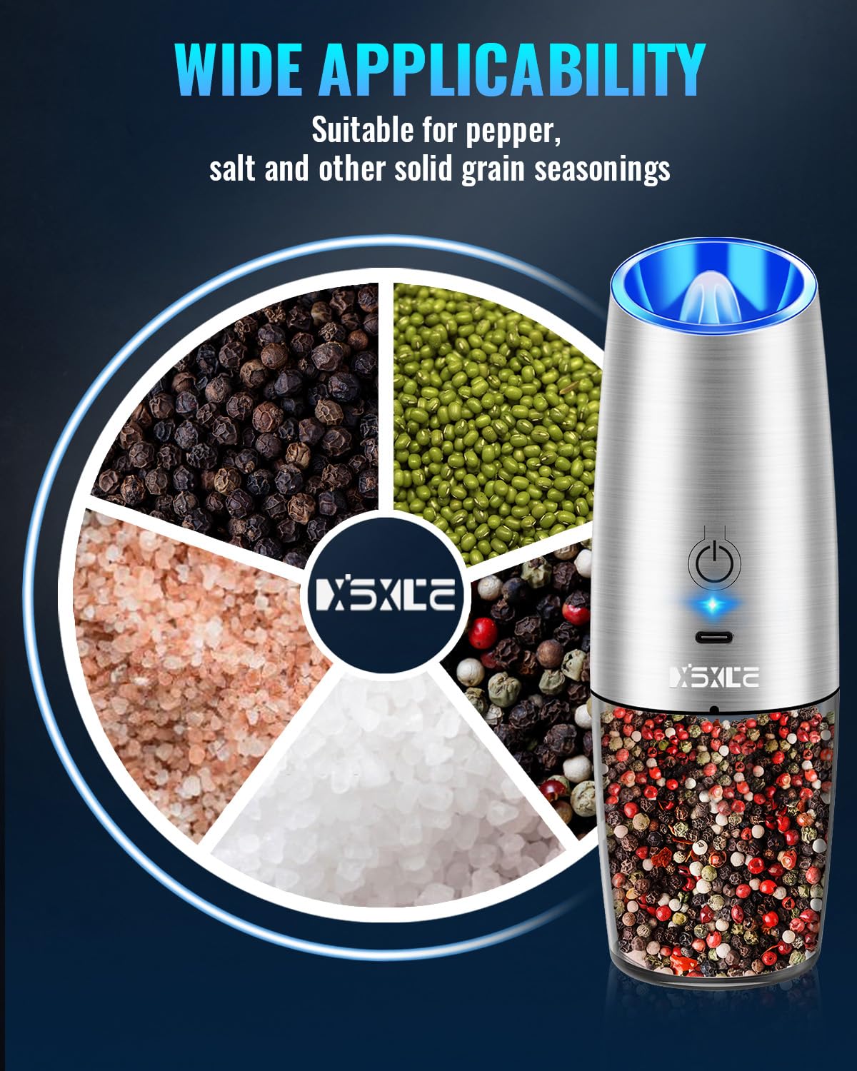Sweet Alice Gravity Electric Pepper and Salt Grinder Set, Adjustable Coarseness, Battery Powered with LED Light, One Hand Automatic Operation, Stainless Steel Black, 2 Pack