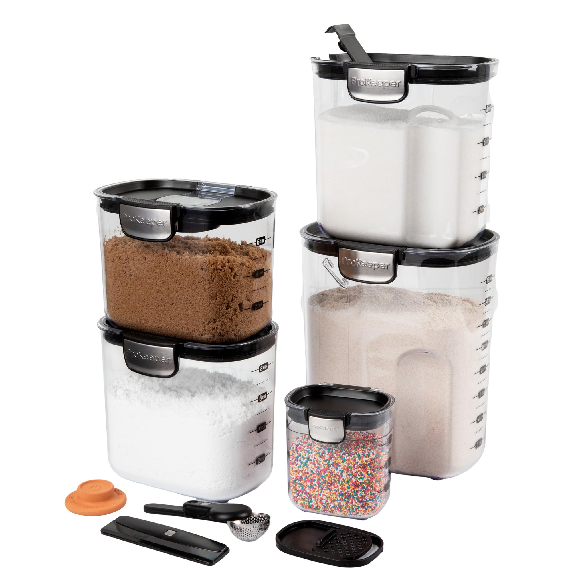 ProKeeper+ 9-Piece Airtight Food Storage Container Set – Clear Plastic Flour and Sugar Canister Set with Magnetic Accessories for Kitchen Organization (Grey, 9-Piece)