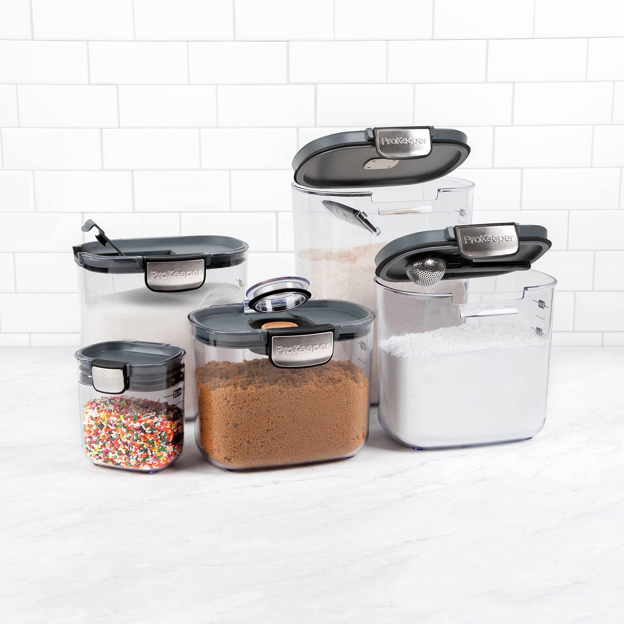 ProKeeper+ 9-Piece Airtight Food Storage Container Set – Clear Plastic Flour and Sugar Canister Set with Magnetic Accessories for Kitchen Organization (Grey, 9-Piece)