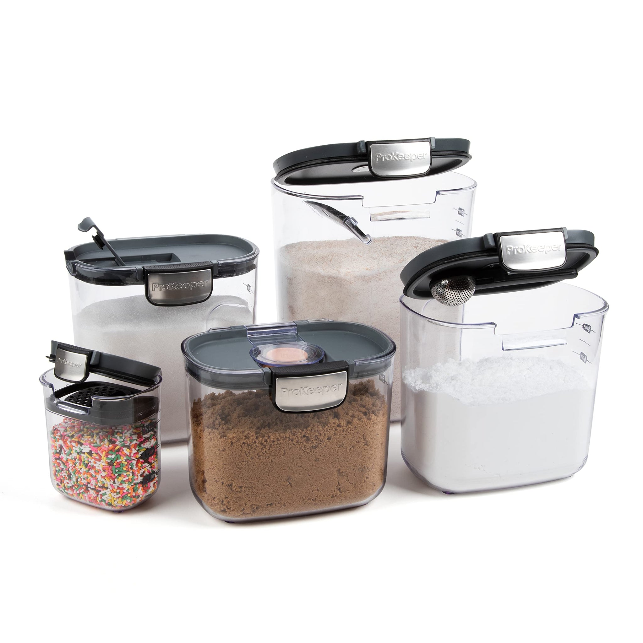 ProKeeper+ 9-Piece Airtight Food Storage Container Set – Clear Plastic Flour and Sugar Canister Set with Magnetic Accessories for Kitchen Organization (Grey, 9-Piece)