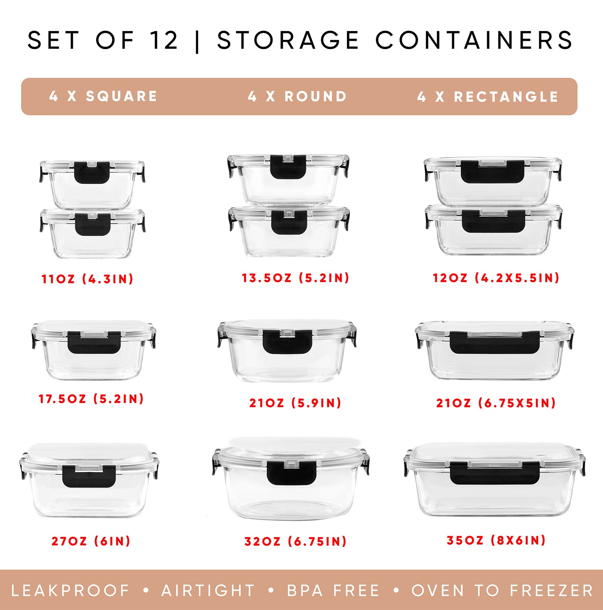 JoyJolt 24pc Borosilicate Glass Storage Containers with Lids | 12 Airtight/Freezer Safe Food Storage Containers for Pantry and Kitchen | Meal Prep Container for Lunch | Glass Tupperware Set