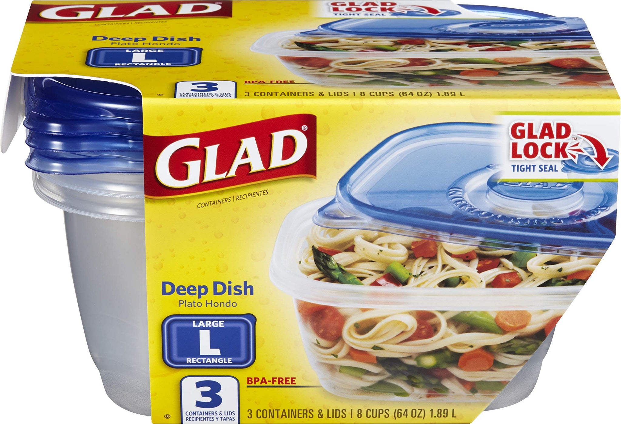 Glad Food Storage Containers, Deep Dish, 64 Ounce, 3 Count