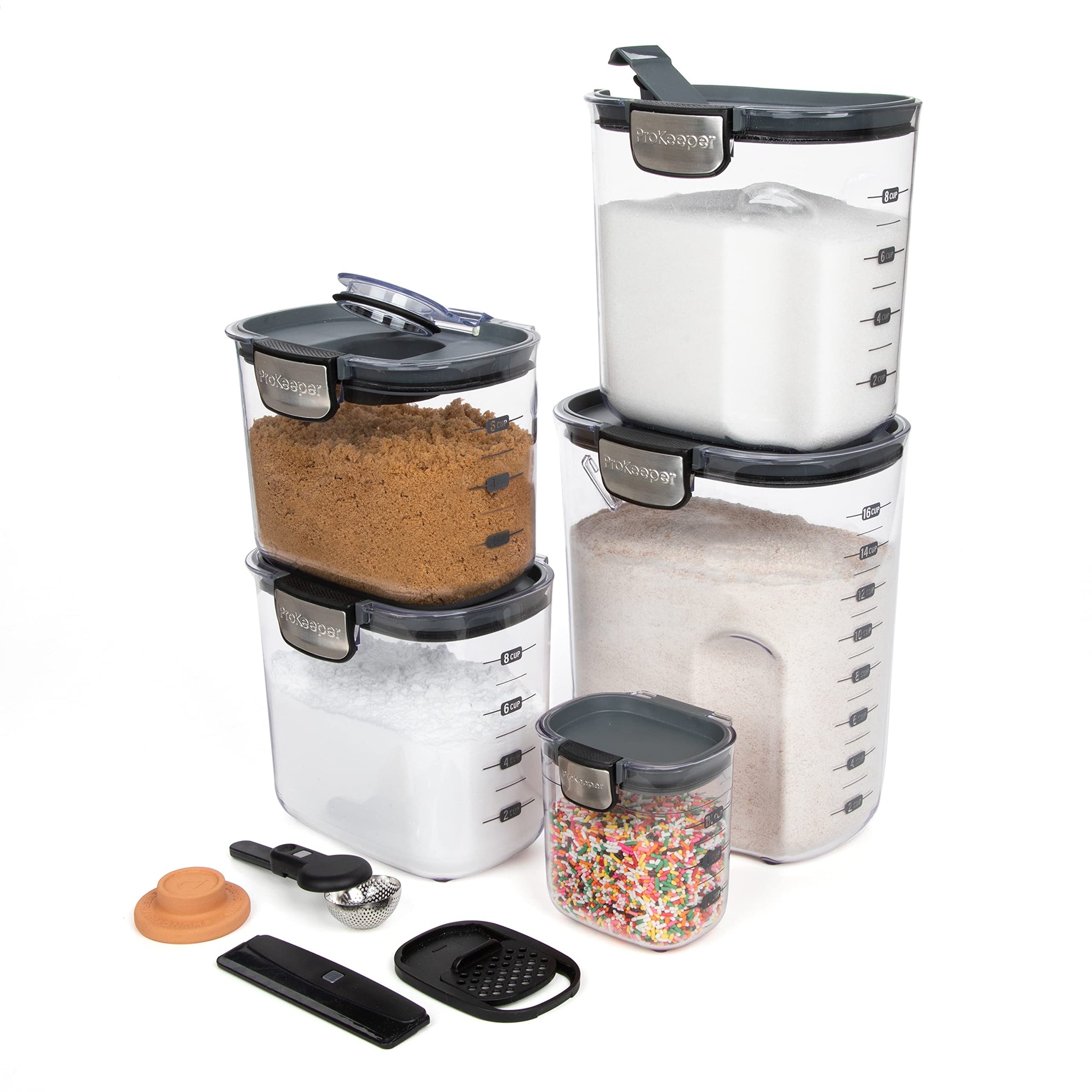 ProKeeper+ 9-Piece Airtight Food Storage Container Set – Clear Plastic Flour and Sugar Canister Set with Magnetic Accessories for Kitchen Organization (Grey, 9-Piece)