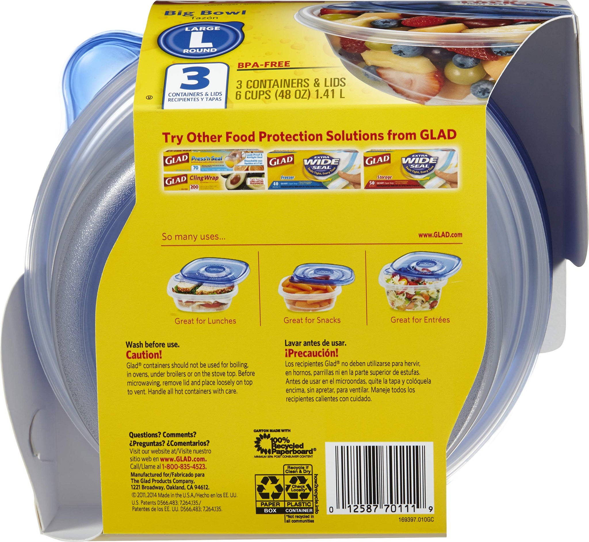 Glad Food Storage Containers, Deep Dish, 64 Ounce, 3 Count